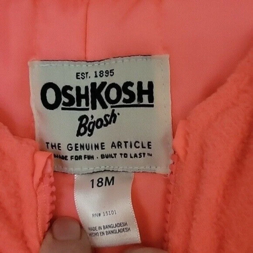 OshKosh Bgosh Girls Neon Coral Pink Orange Insulated Snow Bib Pants‎ 18M